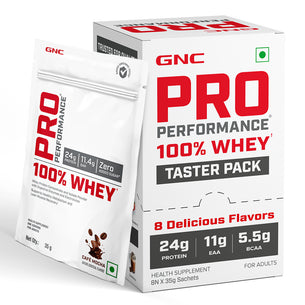 GNC Pro Performance 100% Whey Protein Taster Pack - 8 Delicious Flavors x 35gm Sachets