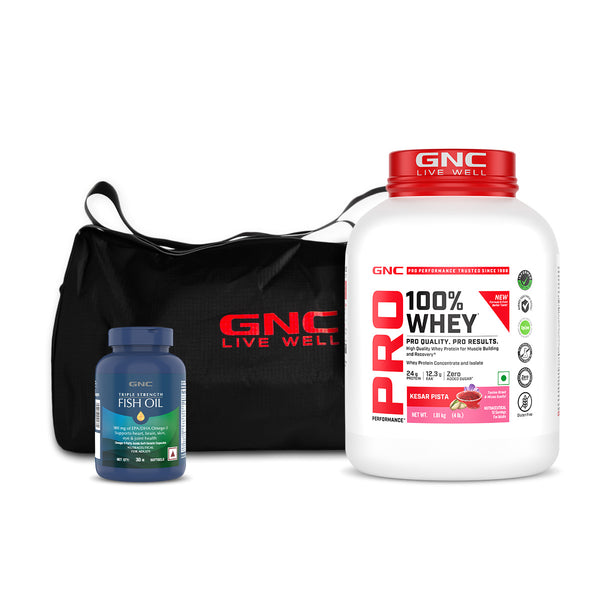 GNC 100% Whey Protein (New Formulation) with Triple Strength Fish Oil & Gym Bag (New Formulation)