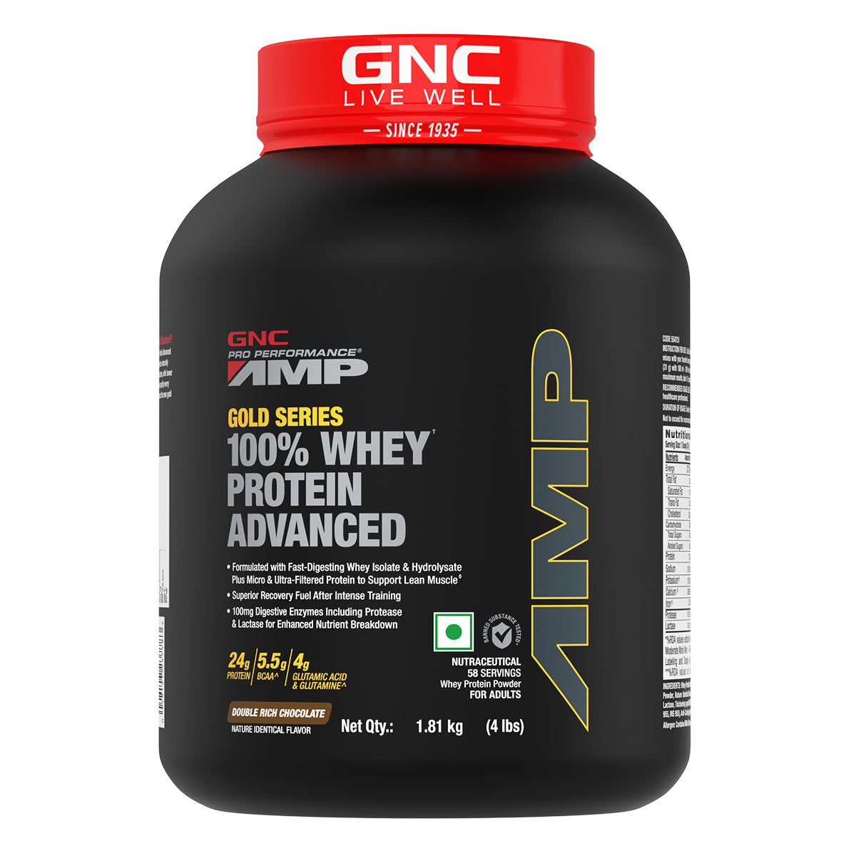 GNC AMP Gold Series 100% Whey Protein Advanced 4 lbs with Shaker - Boosts Muscle Gains, Recovery & Workout Performance | Informed Choice Certified