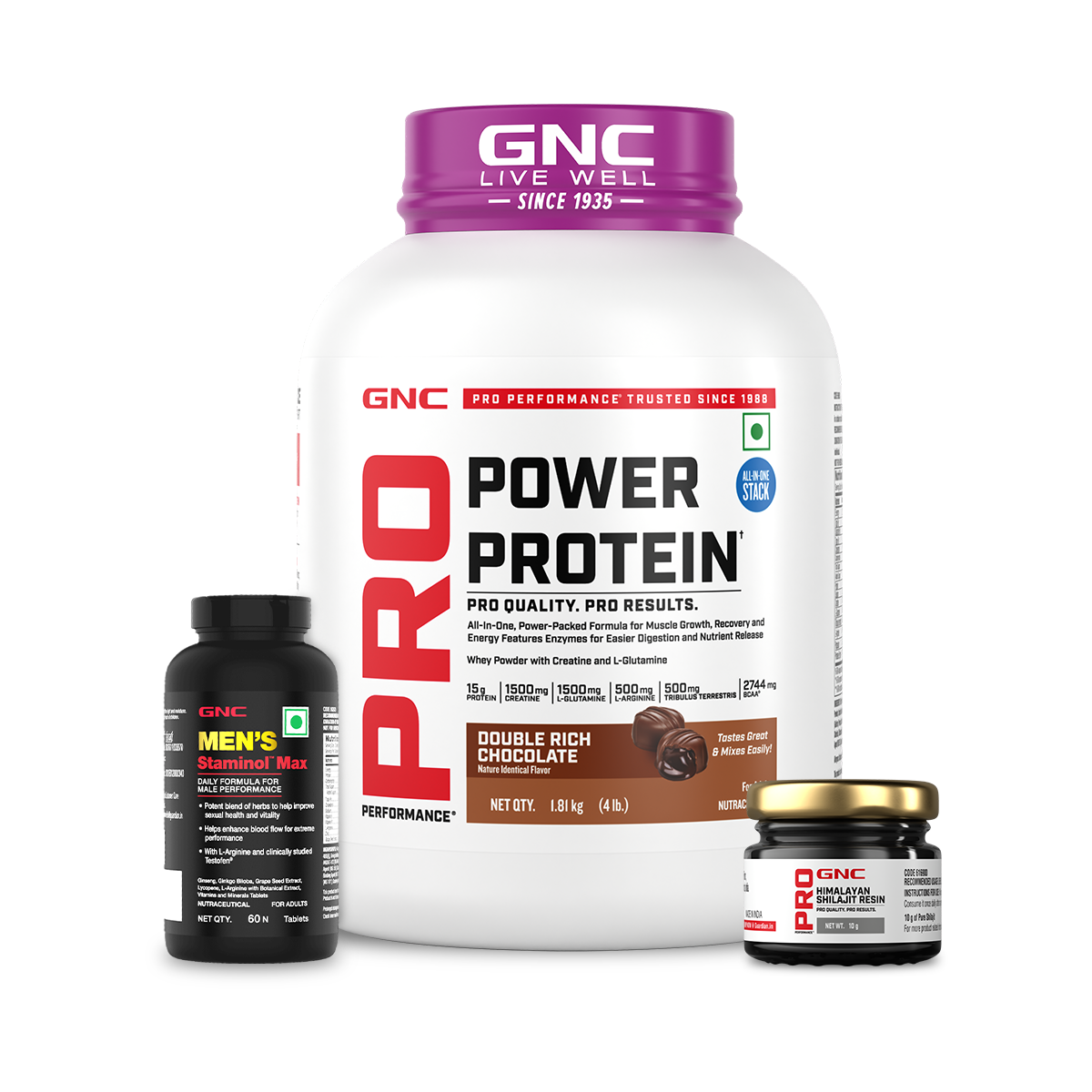 GNC Pro Performance Power Protein + Pure Himalayan Shilajit Resin + Men's Staminol Max