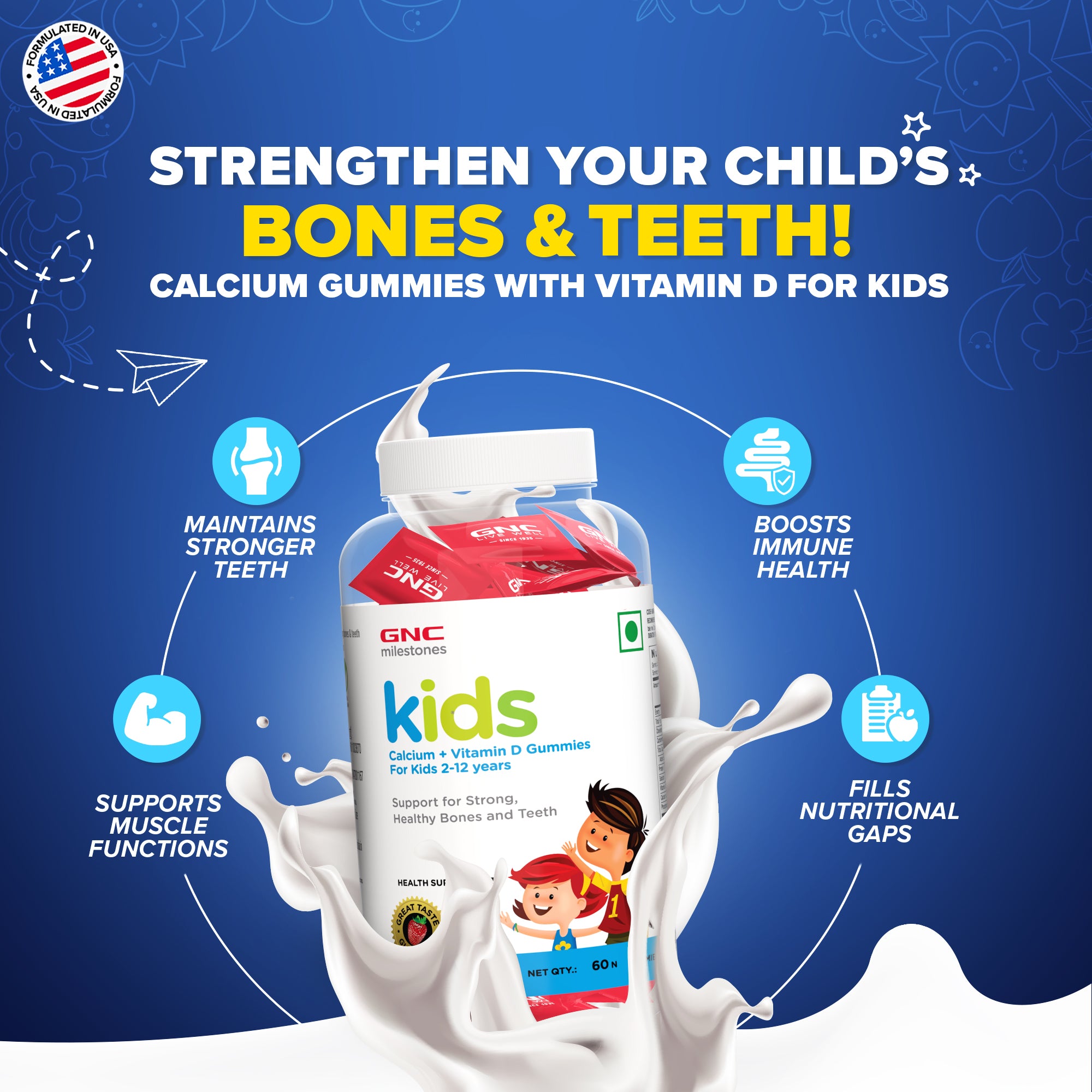 GNC milestones kids Calcium + Vitamin D Gummies - For Healthy Bones & Teeth In 2-12Y Kids