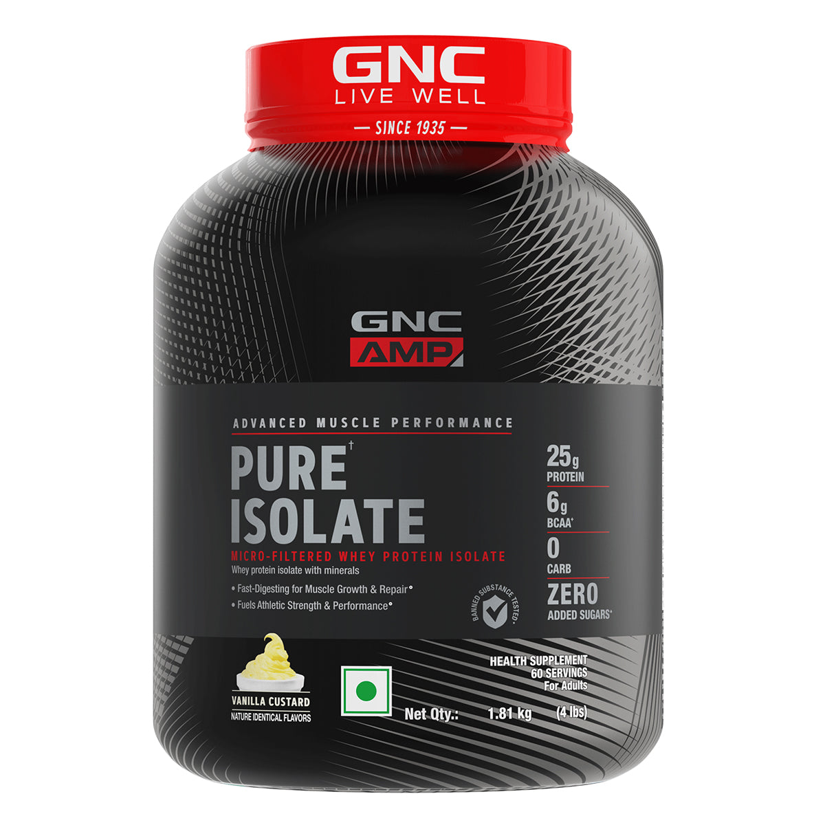 GNC AMP Pure Isolate (Zero Carb) 4 lbs  with Gym Kit - Boosts Athletic & Workout Performance | Increases Muscle Mass