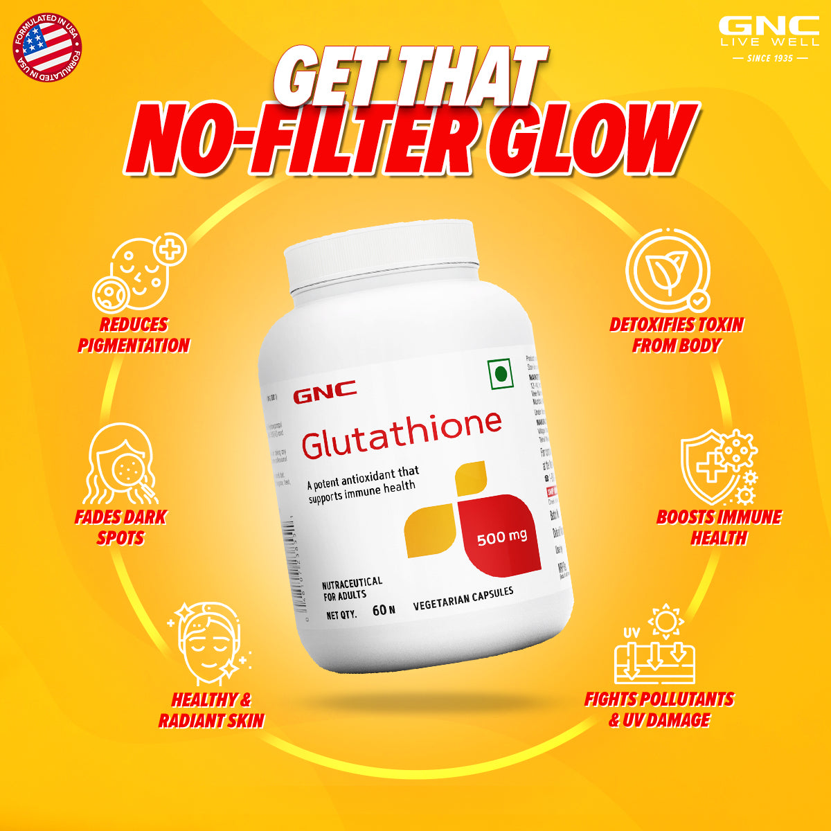 GNC L-Glutathione - Brightens Skin and Fades Dark Spots & Pigmentation