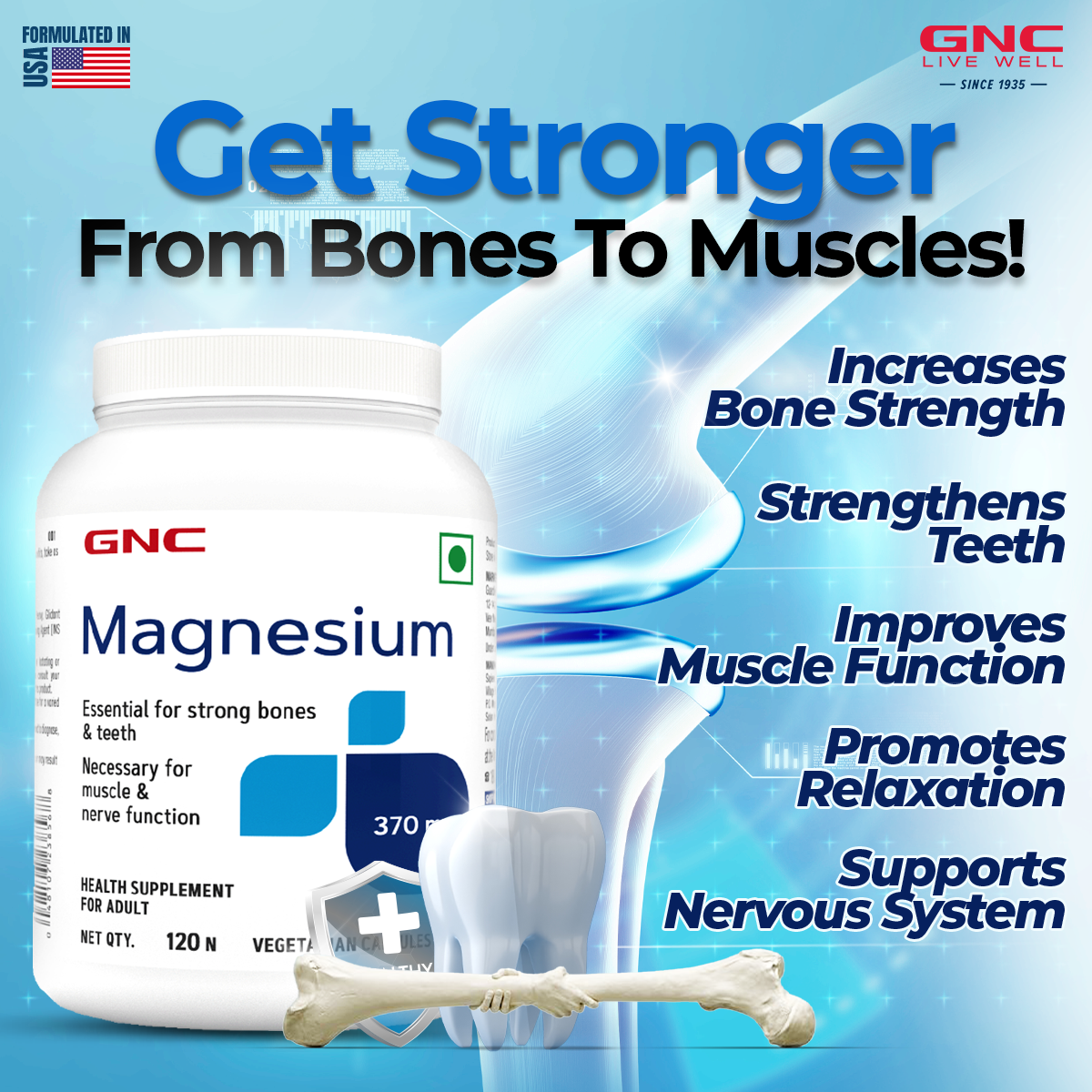 GNC Magnesium - 370mg - Magic Mineral for Healthy Bones, Muscle & Nerve Functions