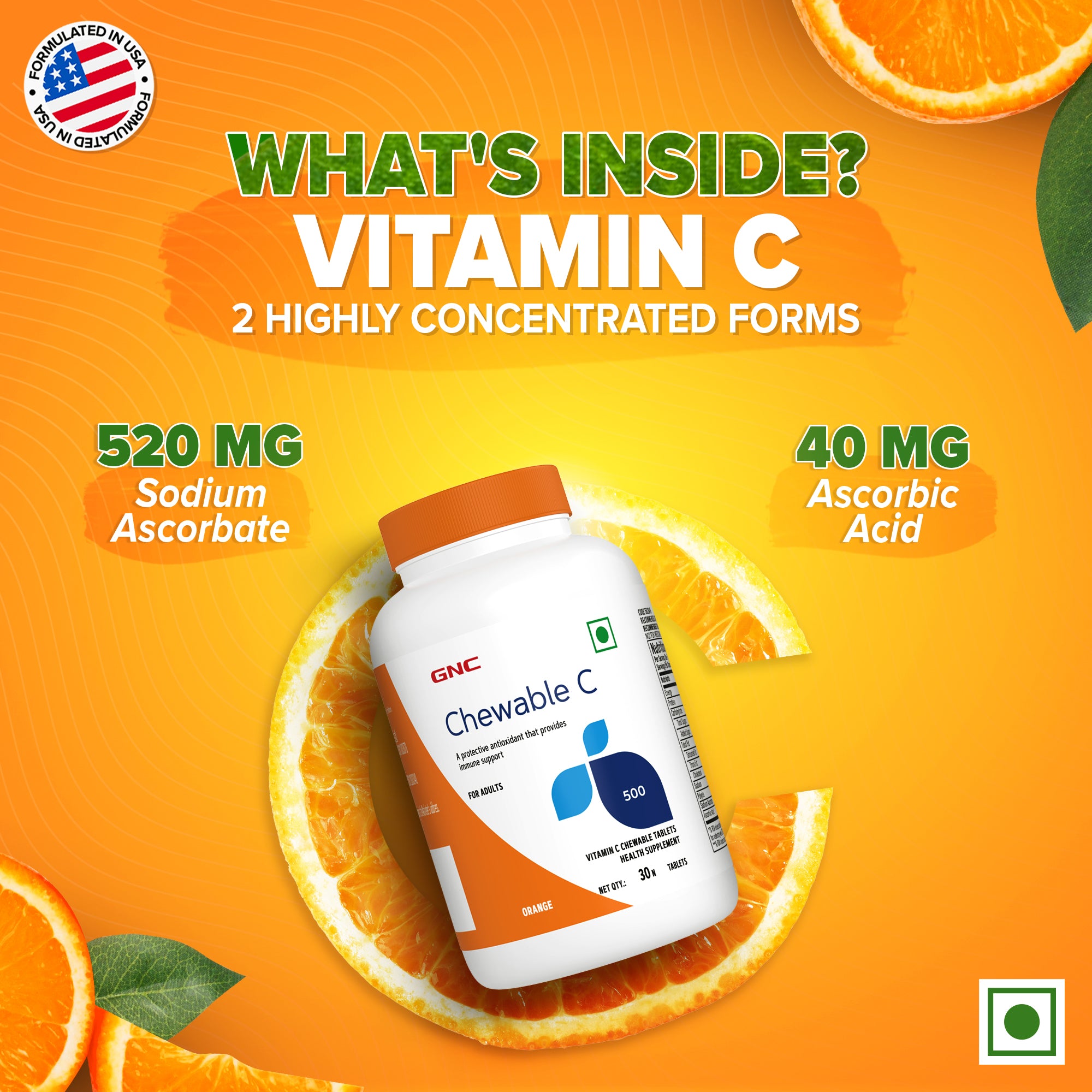 GNC Vitamin C Chewable - 500mg - Boosts Immunity & Protects Against Infections