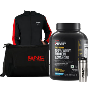 GNC AMP Gold Series 100% Whey Protein Advanced 4 lbs with Gym Kit - Boosts Muscle Gains, Recovery & Workout Performance | Informed Choice Certified