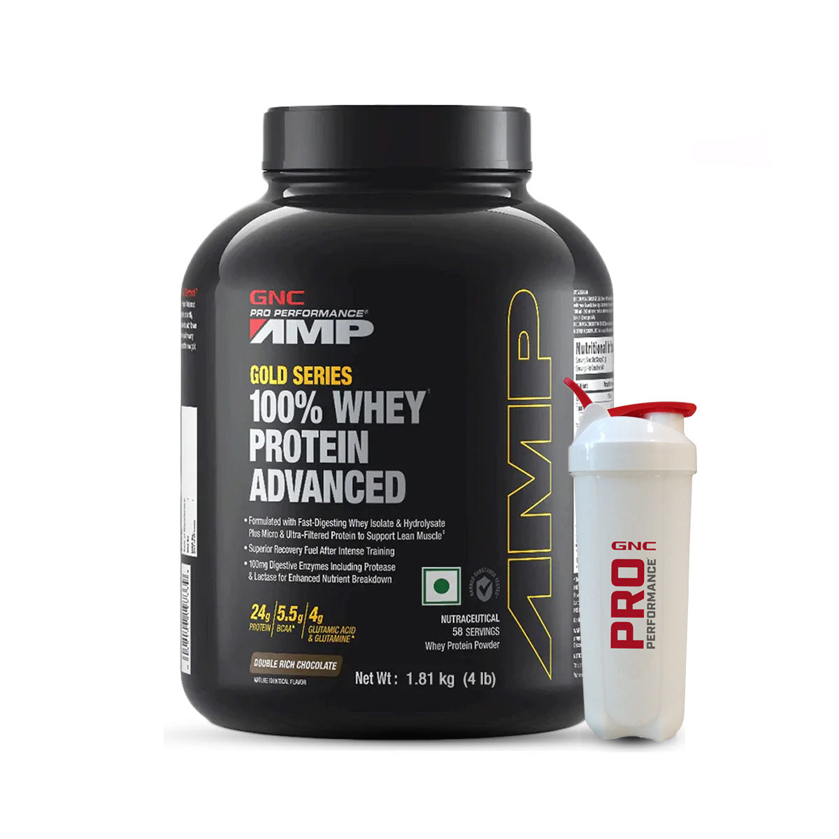 GNC AMP Gold Series 100% Whey Protein Advanced 4 lbs with Shaker - Boosts Muscle Gains, Recovery & Workout Performance | Informed Choice Certified