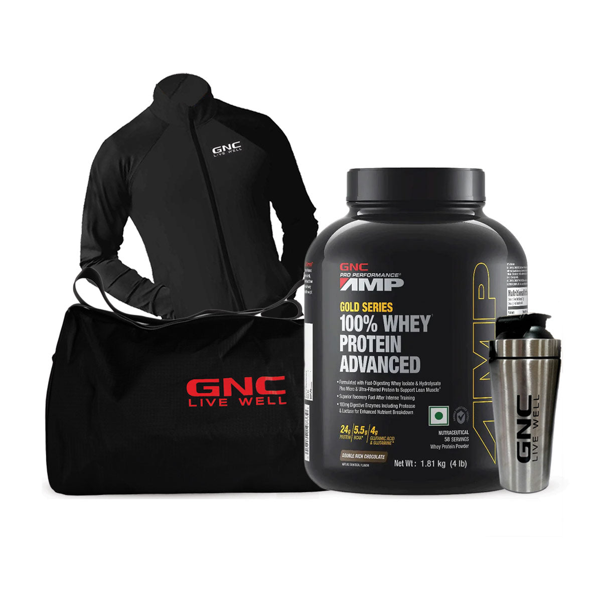 GNC AMP Gold Series 100% Whey Protein Advanced 4 lbs with Gym Kit - Boosts Muscle Gains, Recovery & Workout Performance | Informed Choice Certified