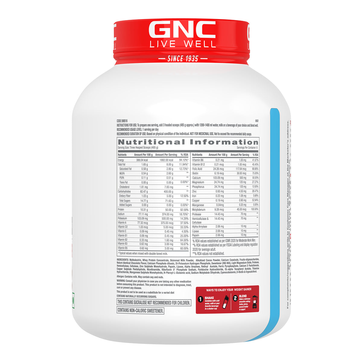 GNC Pro Performance Weight Gainer 3KG with Shaker - High-Calorie, Low-Fat Formula For Healthy Body Gains