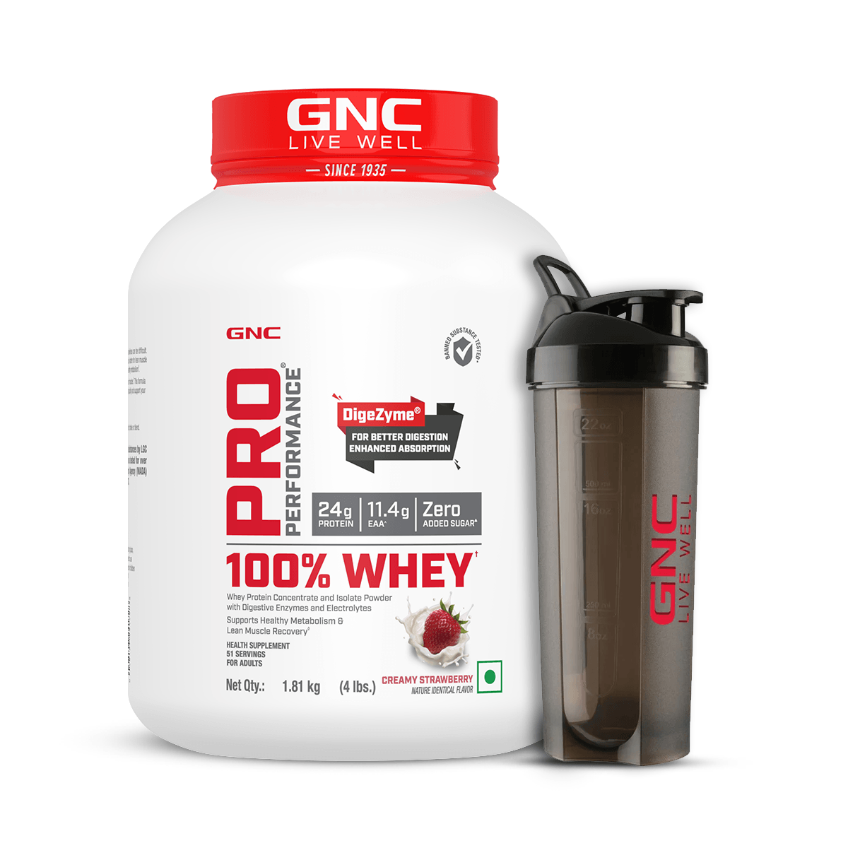 GNC Pro Performance 100% Whey Protein 4 lbs with Shaker - Faster Recovery & Lean Muscle Gains | Informed Choice Certified