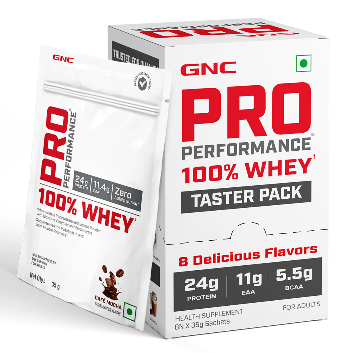 GNC Pro Performance 100% Whey Protein Taster Pack | 8 Delicious Flavors x 35gm Sachets