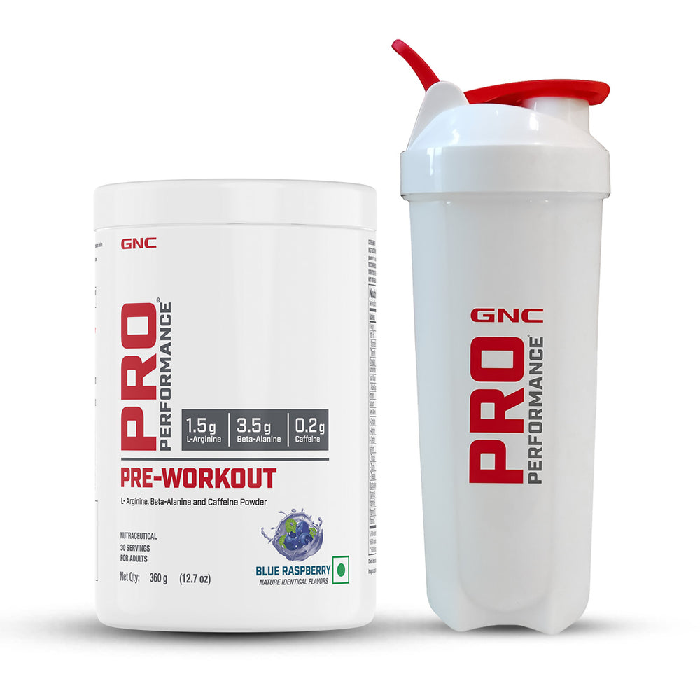 GNC Pro Performance PreWorkout With Shaker Blue Raspberry Silver Steel Shaker GNC India