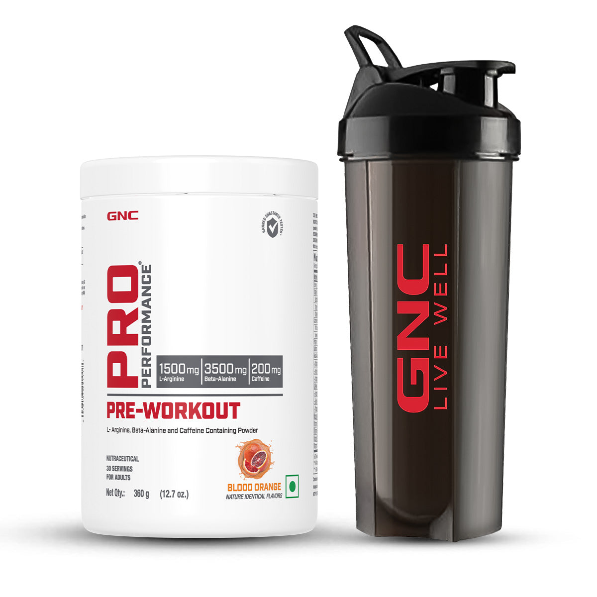 GNC Pro Performance Pre Workout With Shaker GNC Pro Performance Pre Workout With Shaker Blood Orange Black Plastic Shaker GNC India