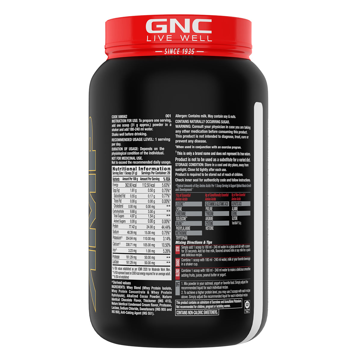 GNC AMP Gold Series 100% Whey Protein Advanced - Boosts Muscle Gains, Recovery & Workout Performance | Informed Choice Certified