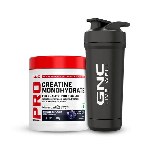 GNC Pro Performance Creatine Monohydrate 100g +GNC Embossed Steel Shaker with Bottom Opening - 750ml