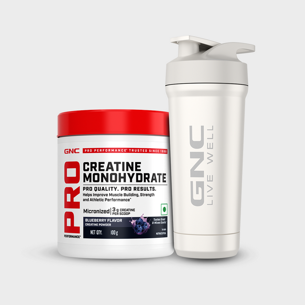 GNC Pro Performance Creatine Monohydrate 100g +GNC Embossed Steel Shaker with Bottom Opening - 750ml