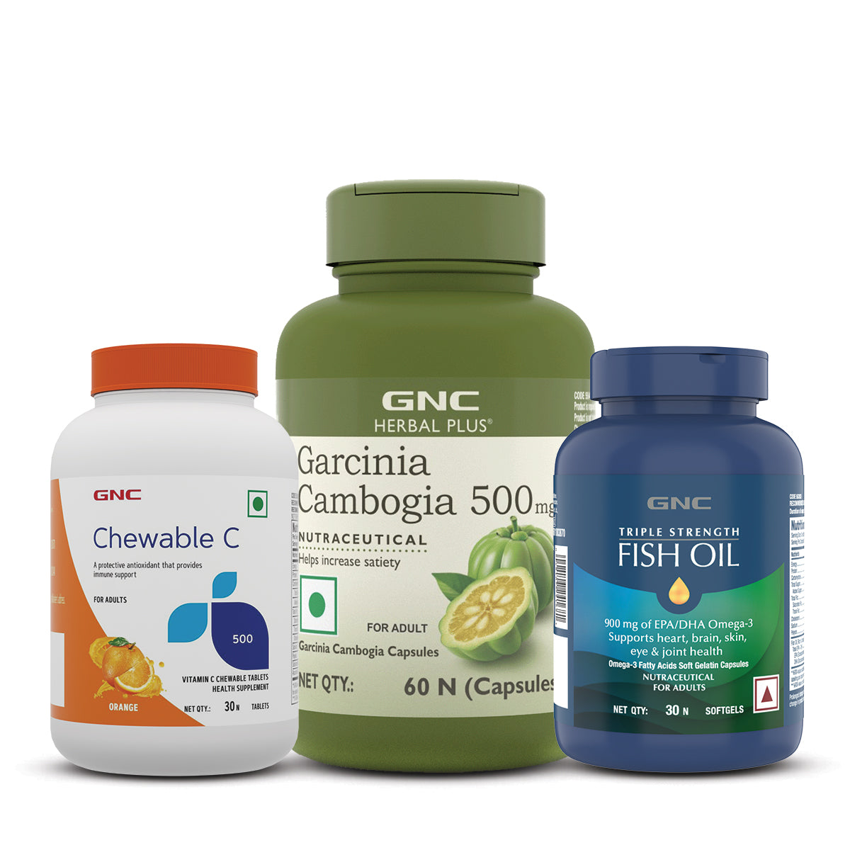 GNC Herbal Plus Garcinia Cambogia + Vitamin C Chewable Tablets + Triple Strength Fish Oil Omega 3 Capsules for Men & Women