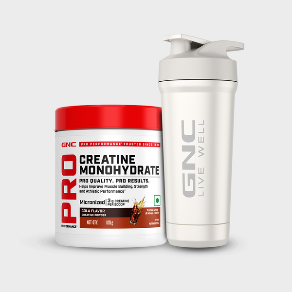 GNC Pro Performance Creatine Monohydrate 100g +GNC Embossed Steel Shaker with Bottom Opening - 750ml