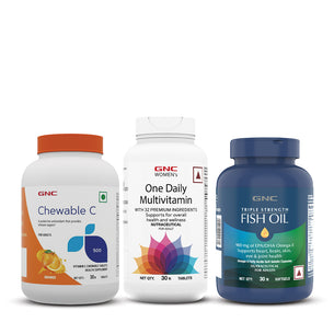 GNC Vitamin C Chewable Tablets + Triple Strength Fish Oil Omega 3 Capsules for Men & Women + Women's One Daily Multivitamin for Women