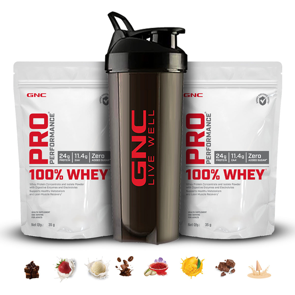 GNC Pro Performance 100% Whey Protein Sachets 35gm (Pack of 2) + Free Shaker - Faster Recovery & Lean Muscle Gains