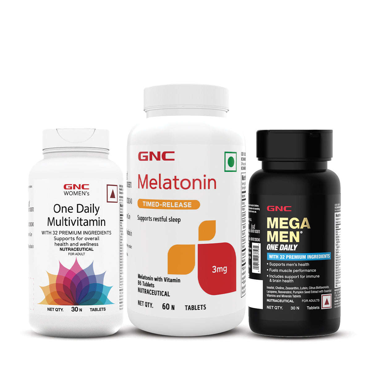 GNC Melatonin Timed Release With Vitamin B6 + Mega Men One Daily Multivitamin for Men + Women's One Daily Multivitamin for Women