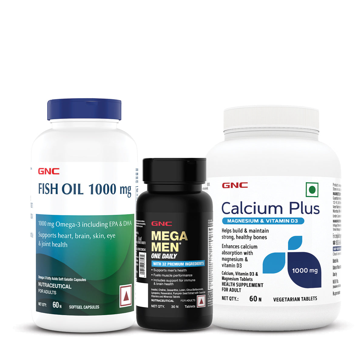 GNC Calcium Plus With Magnesium & Vitamin D3 + Mega Men One Daily Multivitamin for Men +  Fish Body Oil for Men & Women