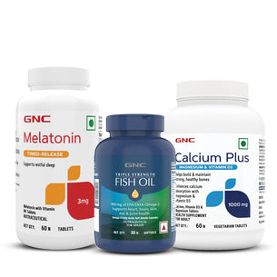 GNC Melatonin Timed Release With Vitamin B6 + Calcium Plus With Magnesium & Vitamin D3 + Triple Strength Fish Oil Omega 3 Capsules for Men & Women
