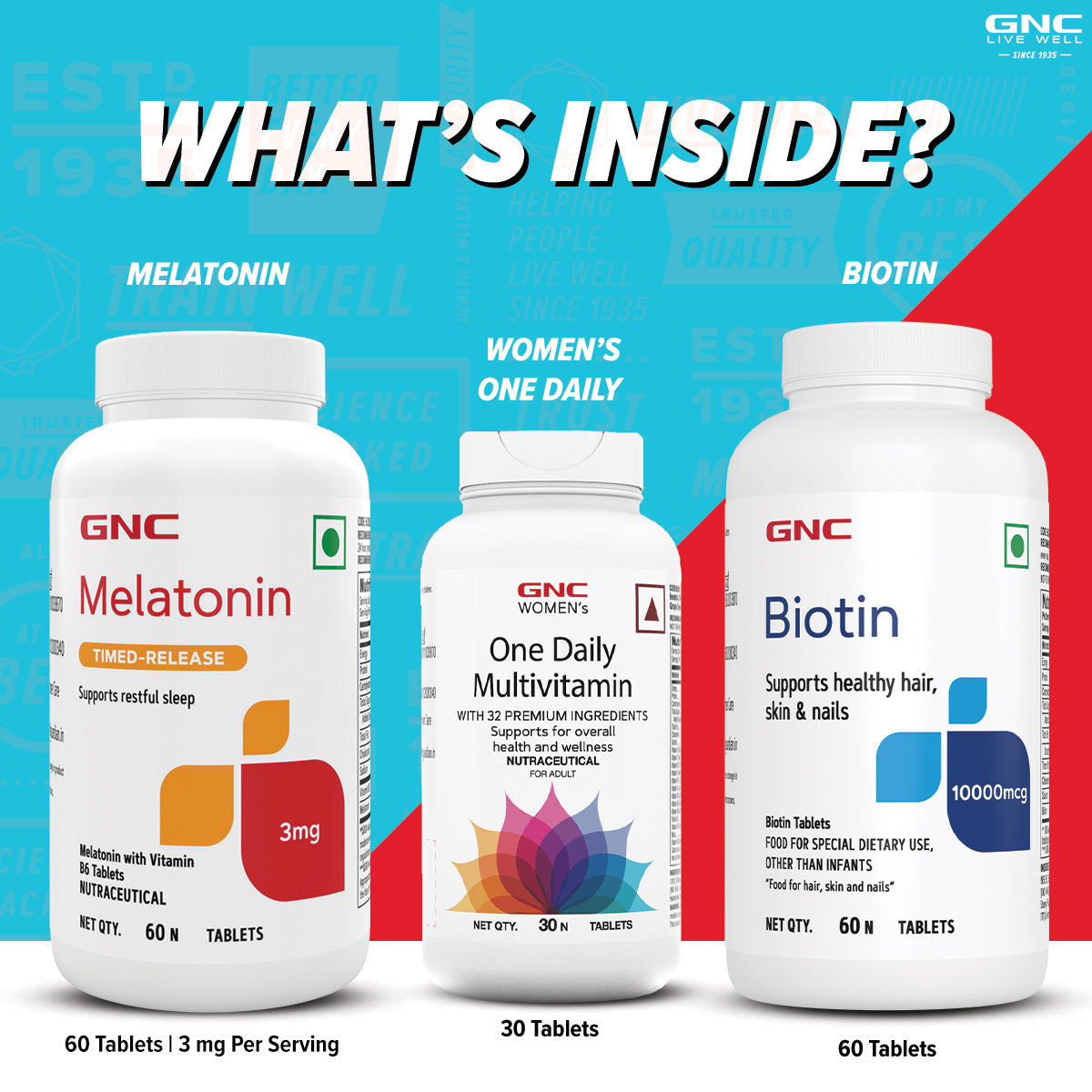 GNC Melatonin Timed Release With Vitamin B6 + Women's One Daily Multivitamin for Women  + Biotin 10000mcg Tablets