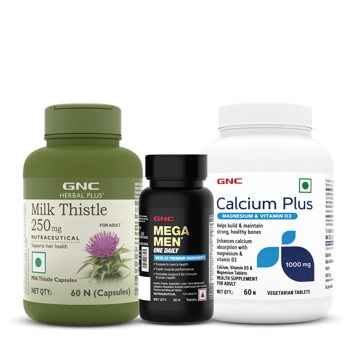 GNC Herbal Plus Milk Thistle + Calcium Plus With Magnesium & Vitamin D3  + Mega Men One Daily Multivitamin for Men
