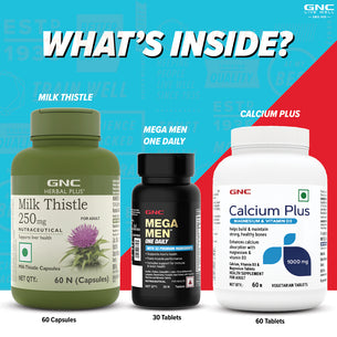 GNC Herbal Plus Milk Thistle + Calcium Plus With Magnesium & Vitamin D3  + Mega Men One Daily Multivitamin for Men