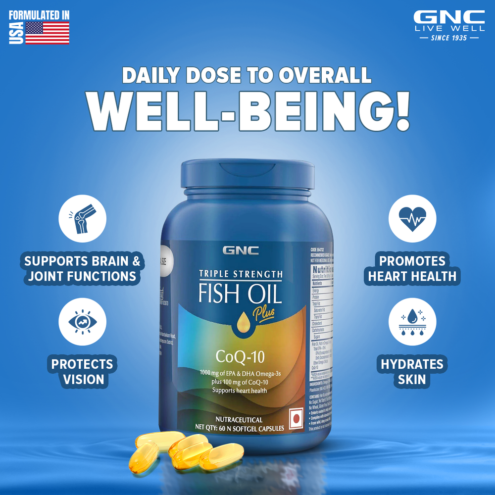 Buy GNC Triple Strength Fish Oil Plus + CoQ10 With 1000 mg of highly absorbable EPA/DHA Omega