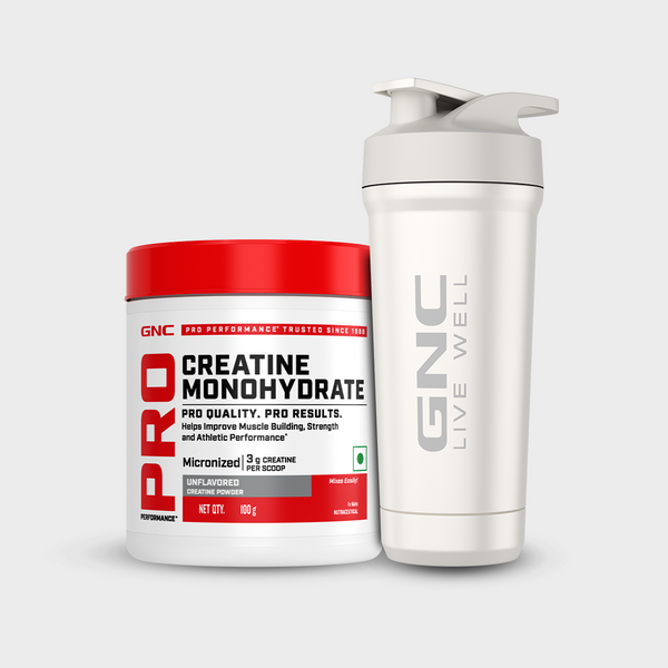 GNC Pro Performance Creatine Monohydrate 100g +GNC Embossed Steel Shaker with Bottom Opening - 750ml