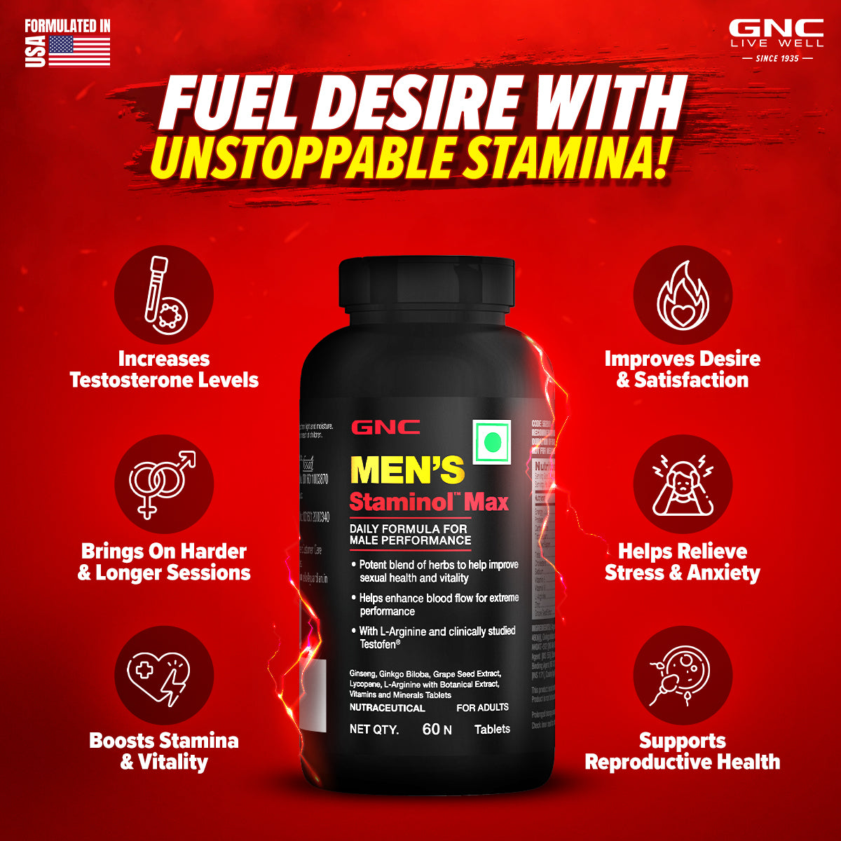 GNC Men's Staminol Max - Testosterone Booster for Long-Lasting Performance & Stamina